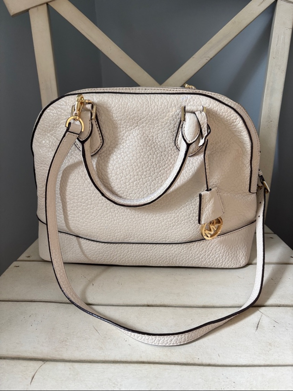 Michael Kors Cream Pebbled Leather Satchel with Gold Hardware detachable strap